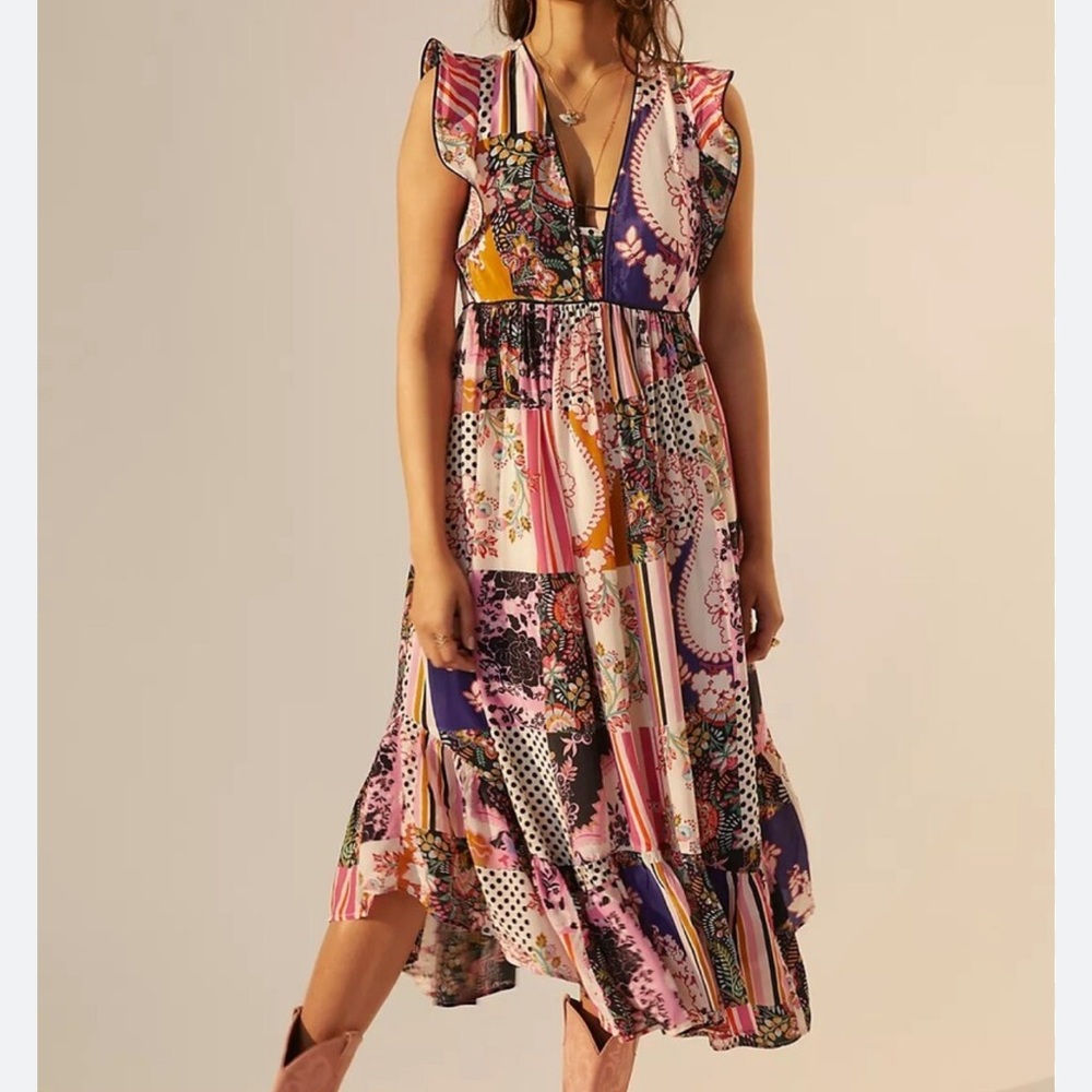 Anthropology Patchwork Multicolor Midi Dress Sz 6 - image 1